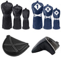 A set of golf club headcovers in black and navy blue are displayed, featuring numbers and symbols for identification, placed against a white background, with two additional smaller accessories shown below.