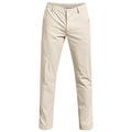 Beige golf chinos stand upright, showcasing a straight-cut design with a button closure and pockets, highlighted against a neutral background suggesting an indoor display or retail presentation.