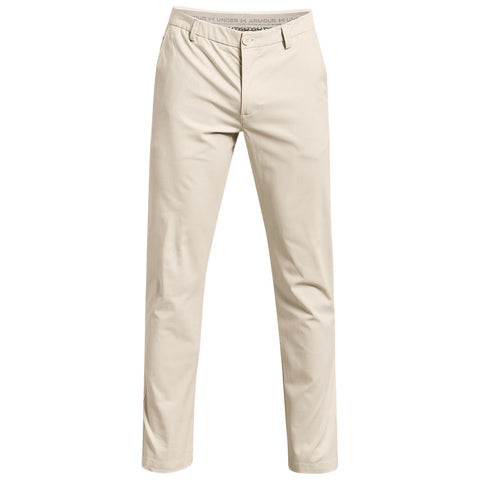 Beige golf chinos stand upright, showcasing a straight-cut design with a button closure and pockets, highlighted against a neutral background suggesting an indoor display or retail presentation.