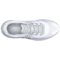 A white athletic sneaker is shown from above with a textured mesh upper and laces tightly secured the shoe is designed for comfort with a label reading COMFORT DELUXE SYSTEM inside