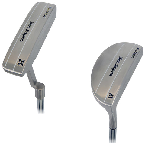 A golf putter with a sleek metal design is positioned upright showing its angled head and straight shaft highlighting its branding on the surface suitable for use on a green.