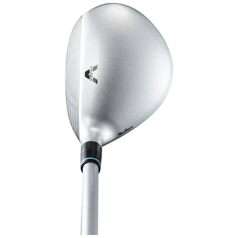 A golf club with a silver head is positioned upwards showcasing its polished surface and intricate designs The shaft extends downwards indicating it is ready for use in a game