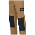 Khaki work pants feature black reinforced patches on the knees and side pockets suitable for labor-intensive tasks. The design emphasizes durability and practicality for outdoor or industrial environments.