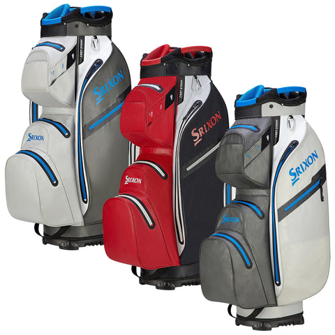 Three golf bags in grey, red, and black showcase the Srixon brand. Each bag features multiple zippered pockets, a stand at the bottom, and a sporty design.