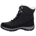 A black winter boot is positioned upright with a soft white and gray interior lining visible from the top, featuring laces and a rugged sole designed for cold weather conditions.