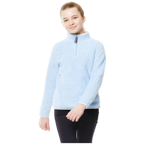 A young person is standing and smiling while wearing a light blue fluffy pullover. The background is simple and bright, emphasizing the person and their attire.