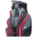 A golf bag stands upright featuring a sleek design in gray and black with red accents. It includes several zipped pockets and a carrying strap, set against a plain white background.