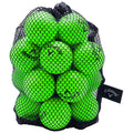 A bag of bright green golf balls is held together by a mesh netting with a drawstring closure and a tag displaying the brand name Callaway.