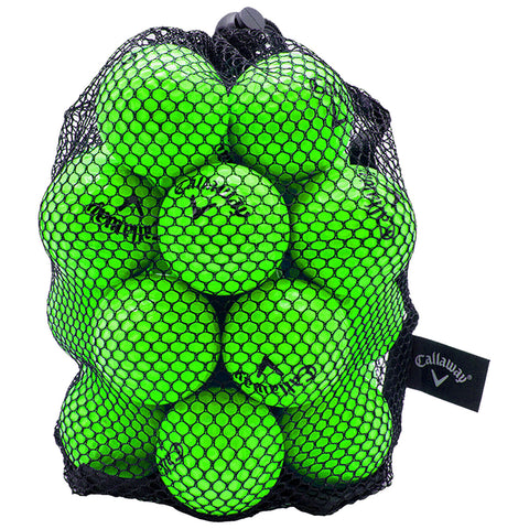 A bag of bright green golf balls is held together by a mesh netting with a drawstring closure and a tag displaying the brand name Callaway.