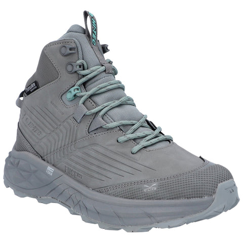 Gray hiking boot featuring a high-top design for ankle support laces in contrasting color textured surfaces and cushioning sole is displayed against a plain background