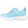 A light blue athletic shoe sits sideways showcasing a breathable mesh upper and white rubber sole with a velcro strap and laces positioned in a clean, minimalistic background.