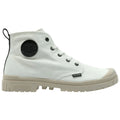 A white high-top sneaker with a rubber cap toe is positioned upright featuring black branding on the side and a textured sole ideal for casual or outdoor wear.