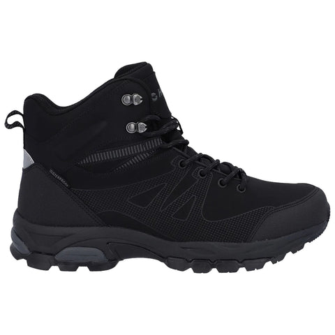 A black high-top hiking boot is displayed upright featuring eyelets for laces and a textured sole designed for traction showcasing a sleek athletic style suitable for outdoor activities.