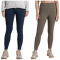 Two pairs of women's athletic leggings are displayed side by side one in navy blue with a side pocket and the other in olive green both worn with beige sneakers