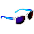 Clear sunglasses with blue arms rest at an angle displaying dark tinted lenses designed to reduce glare in bright light environments like sunny outdoor settings.