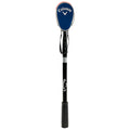 A golf club with a black shaft and a blue head cover is displayed upright its label suggests it is a Callaway brand suitable for use on a golf course.