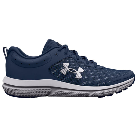 A navy blue athletic shoe features a mesh upper and a textured sole designed for traction placed against a neutral background showcasing its design elements and brand logo.