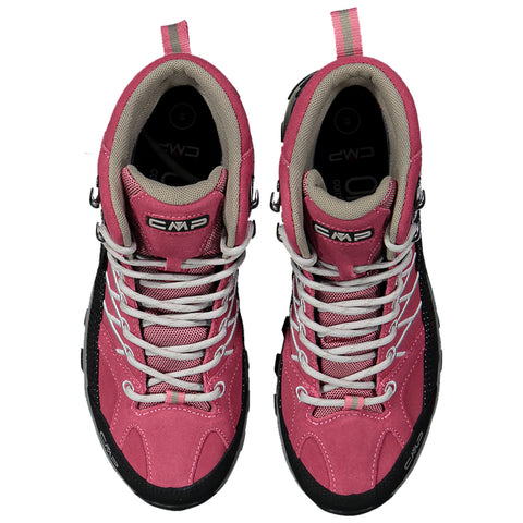 Pink and black hiking boots with gray laces are displayed upright. The design includes a high ankle support and reinforced toe area, suitable for outdoor activities and rugged terrain.