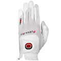 A white golf glove is positioned with fingers extended displaying a sleek design featuring a red and black logo and text reading Flexx-Fit and Zoom in a simple background.