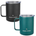 Two mugs are displayed side by side one black and one teal with a handle each featuring a clear lid and the logo Craghoppers on the front