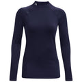 A long-sleeve navy blue athletic shirt is displayed front-facing featuring a high collar and a small logo on the chest suitable for sports or active wear.