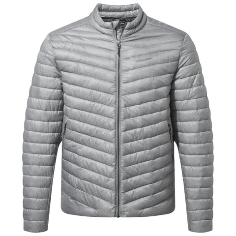 A gray puffer jacket features a quilted design with horizontal lines. It is zipped up, showcasing a high collar, and is suitable for outdoor activities in cooler weather.