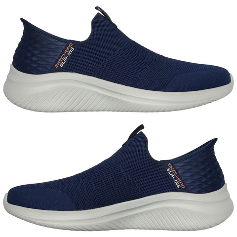 A pair of navy blue slip-on sneakers features a breathable mesh upper and a thick white sole with ridges displaying the brand name Sketchers Slip-Ins prominently on the side