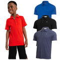 A smiling boy stands in a red polo shirt paired with black shorts while three additional polo shirts in blue black and dark gray are displayed beside him.