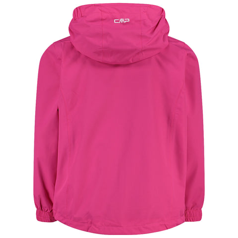 A pink jacket is displayed hanging with a hood visible. The fabric appears smooth and lightweight, suggesting it is suitable for outdoor activities or casual wear.