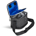 A gray insulated cooler bag with a blue interior is open and displayed. It features a shoulder strap and a logo on the front, suitable for carrying food or beverages.