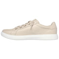 A beige sneaker with a smooth leather upper features a white rubber sole and six eyelets for laces demonstrating a casual style suitable for everyday wear placed against a plain background.