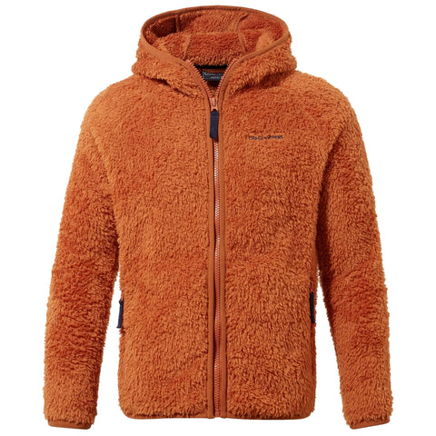 A textured orange hooded jacket with a zip closure is displayed prominently against a neutral background showcasing its furry fabric and casual style suitable for warmth in cool environments.