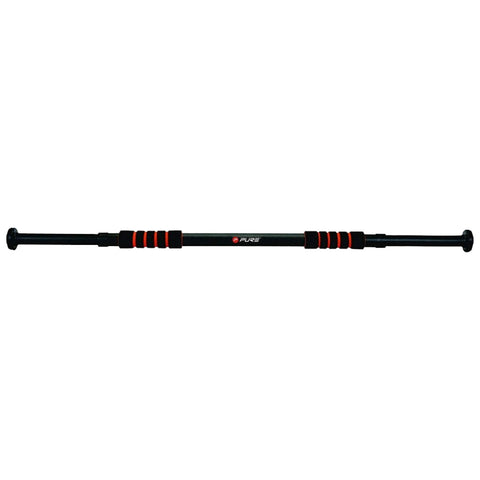 A black and red pull-up bar is extended horizontally with rubber grips for hands it is designed for home workouts typically situated in a doorway or open space.