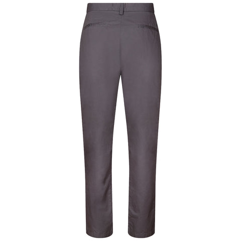 Gray trousers are displayed upright showing a straight-leg design with a waistband and two back pockets in a neutral setting. The light reflects slightly off the fabric texture.