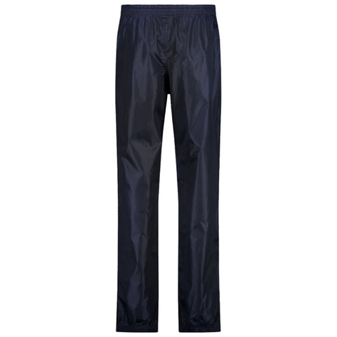 Navy waterproof pants are displayed upright illustrating a smooth texture with an elastic waistband and tapered legs indicating suitability for outdoor activities in wet conditions.