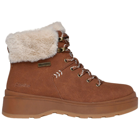 A brown waterproof boot features a plush fur collar and decorative lacing details The boot is designed for winter wear and has a sturdy rubber sole for traction.