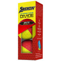 A box contains two golf balls with a bright yellow and red color scheme. The packaging highlights product features like distance and spin characteristics. Ideal for golfers seeking visibility and performance.