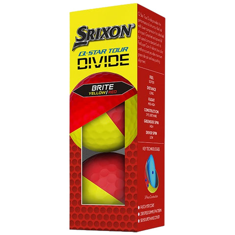 A box contains two golf balls with a bright yellow and red color scheme. The packaging highlights product features like distance and spin characteristics. Ideal for golfers seeking visibility and performance.