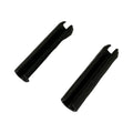 Two elongated black metal pieces are positioned parallel to each other. They appear to be connectors or spacers typically used in assembly or maintenance contexts.