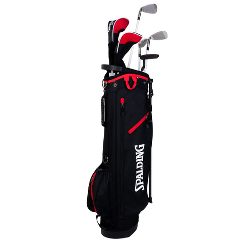 A black and red golf bag stands upright featuring several golf clubs protruding from the top while sporting a prominent logo and multiple zippered compartments for storage.