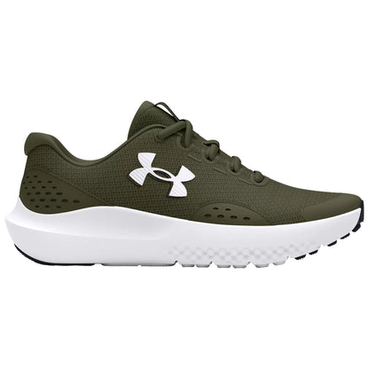 A green athletic shoe with a white sole is displayed side-on with shoelaces and ventilation holes visible on the mesh upper designed for comfort and performance in a fitness context.