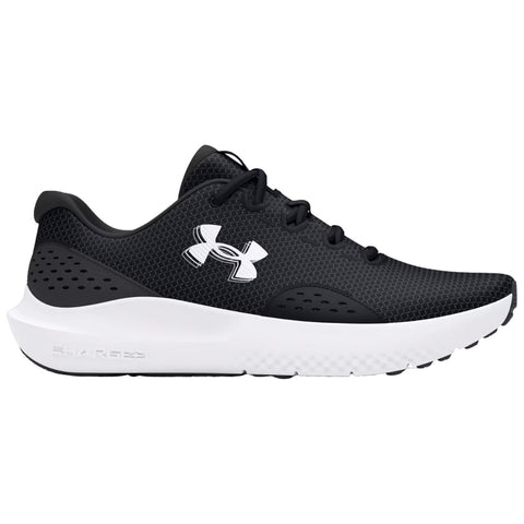 A black athletic shoe features a textured mesh upper and a white sole The shoe is designed for comfort and performance in a workout or casual setting