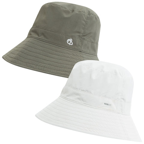 Two bucket hats are positioned close together one is olive green with a logo and the other is white featuring the text NOBLIFE both hats have a wide brim.