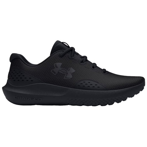 A single black athletic shoe is shown facing left features a textured upper with ventilation holes and a thick cushioned sole designed for comfort during physical activities.