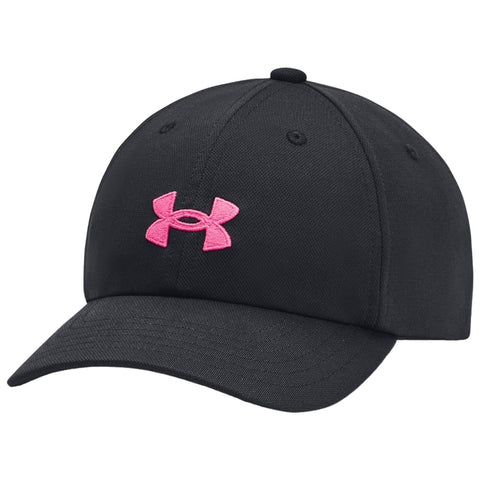 A black cap with a pink Under Armour logo sits displayed upright with a curved brim showcasing athletic style and branding in a simple, neutral setting.