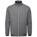 A gray jacket is displayed with a zippered front and textured upper section featuring a geometric pattern the sleeves are smooth and the jacket has a modern design suitable for casual wear