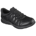 A black athletic shoe features a sleek design with elastic laces over a smooth leather surface and rubber sole highlighting active wear suitable for casual or fitness activities.