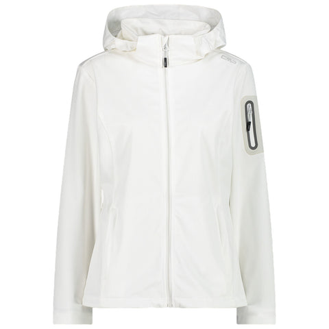 A white jacket with a hood stands upright showcasing a front zipper and a unique zippered pocket on the left sleeve the fabric appears sleek and modern suitable for outdoor activities.