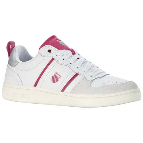 White sneaker with pink and gray accents sits at an angle showcasing a smooth leather exterior laced up with gray shoelaces while the surrounding context shows no additional elements.