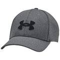 A gray baseball cap displays a black Under Armour logo on the front with a curved brim and structured design suitable for outdoor activities or casual wear.